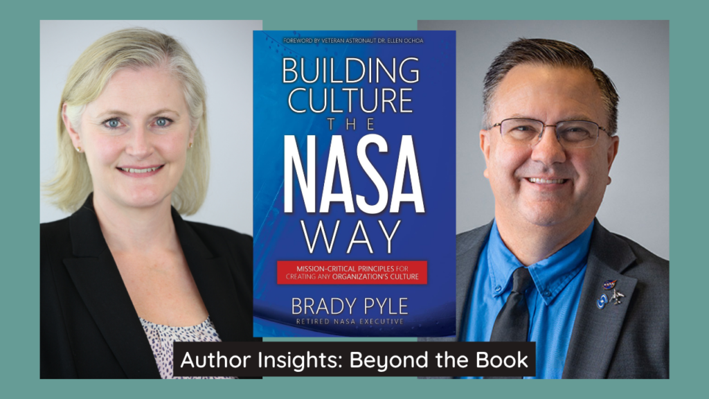 Brady Pyle and Ros Cardinal with the cover of Building Culture the NASA Way
