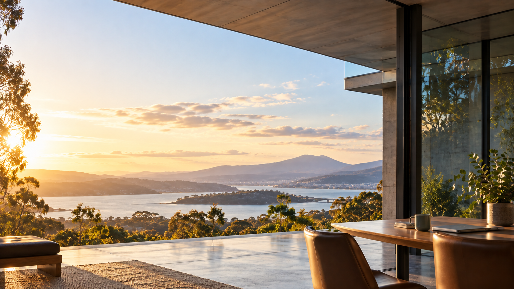 Contemporary Australian workplace opening to a sunlit landscape and water
