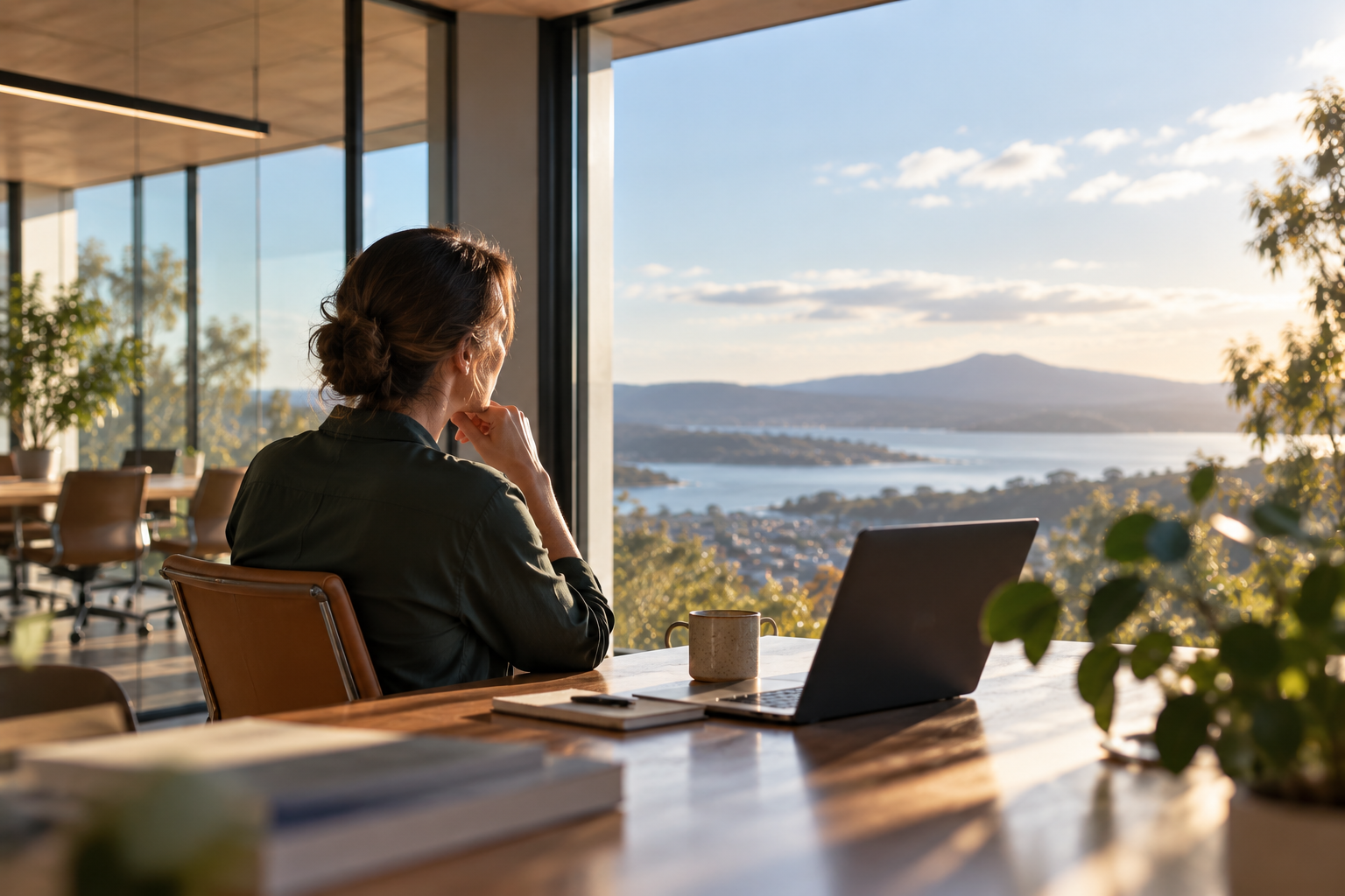 Woman considering the view from a contemporary Australian workplace