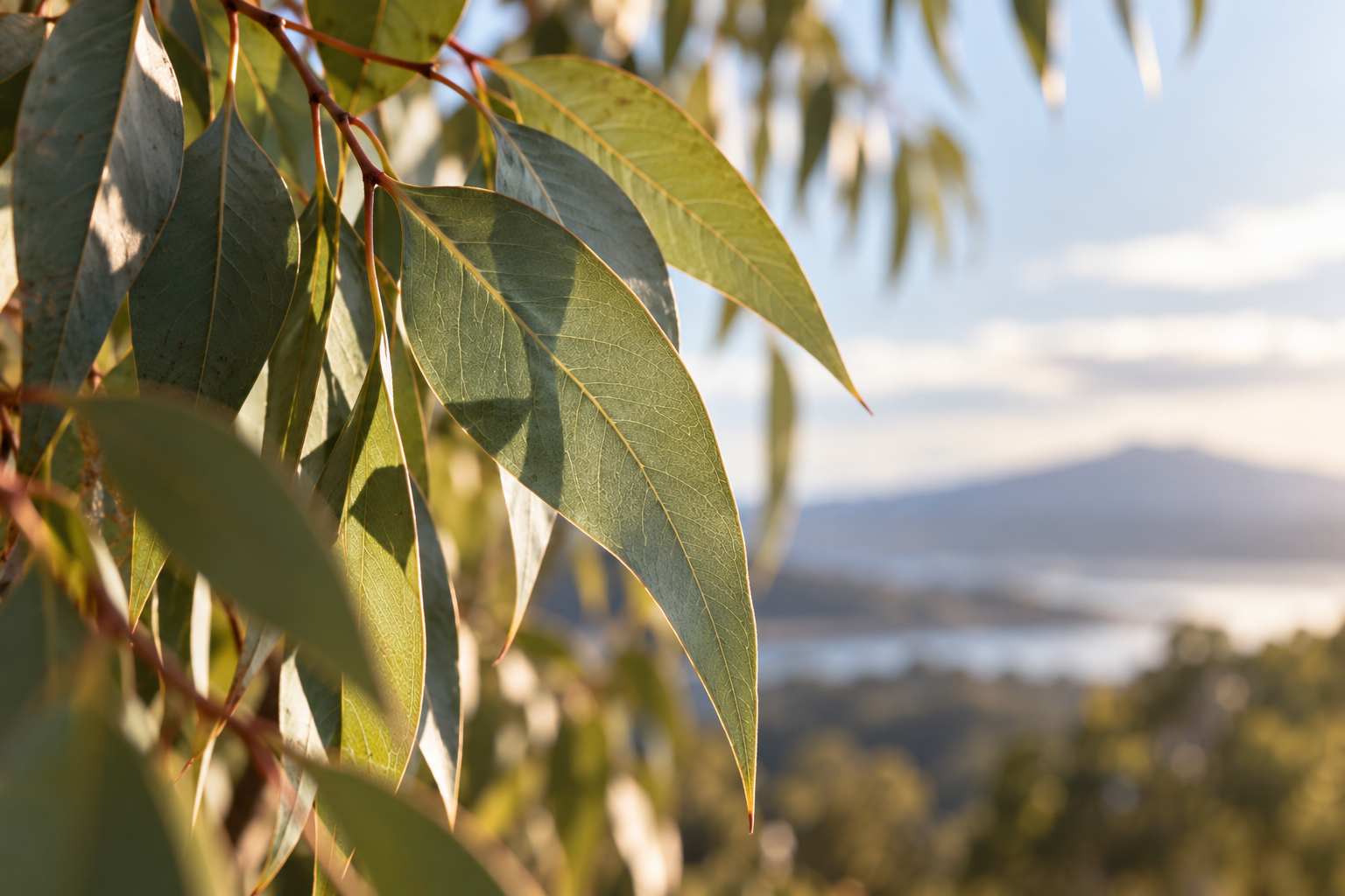 Sunlit eucalyptus leaves with an Australian landscape beyond