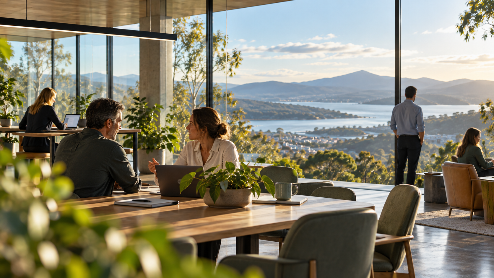People working together in a contemporary Australian workplace overlooking water