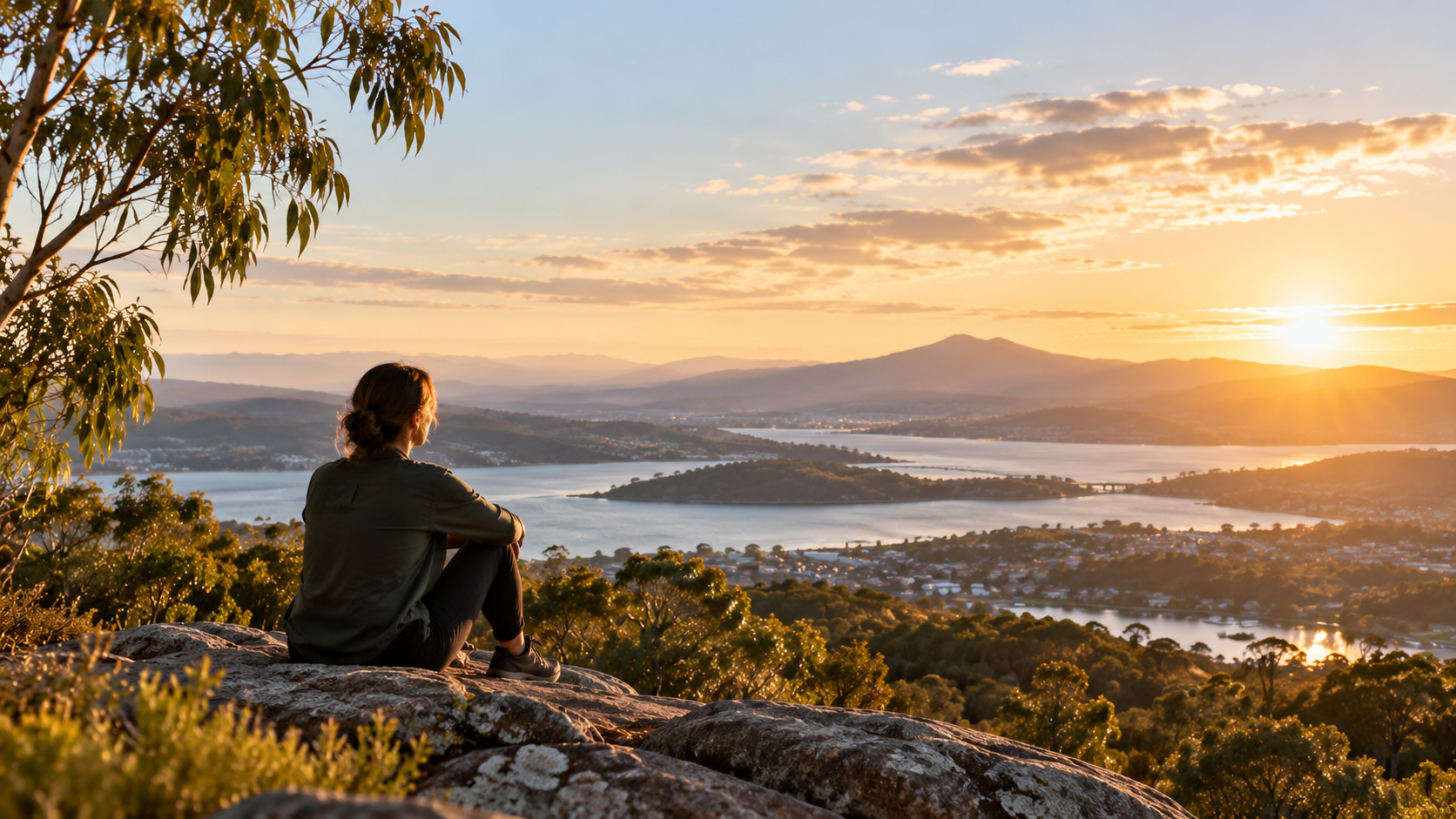 Person seated above an expansive Australian landscape at sunset