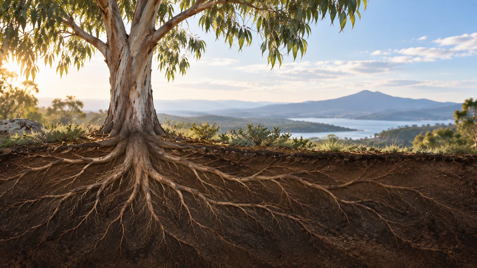 Eucalyptus tree with its root system visible beneath the soil