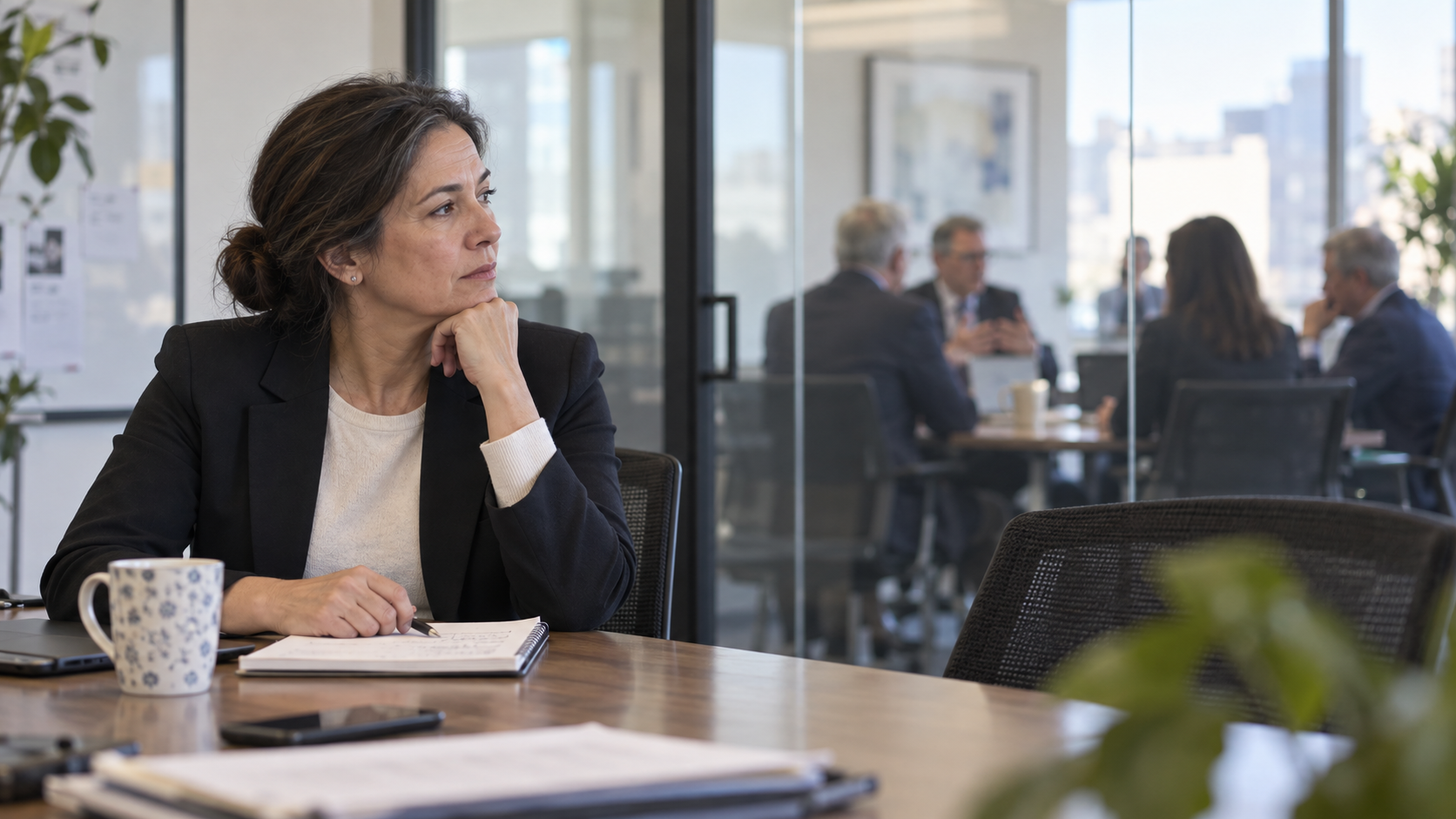 A thoughtful manager sits at a desk while colleagues meet behind a glass partition.