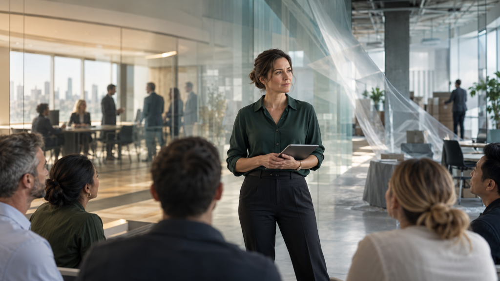 A manager briefing her team in an office undergoing organisational change, while navigating the transition herself.