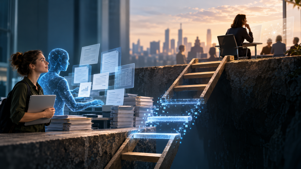 A junior professional working alongside AI faces a broken ladder leading to an experienced professional, illustrating a gap in the pathway to expertise.